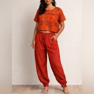 Rhea Boho Om Print Crop Top & Harem Pants Set Orange Red Yoga Festival One Size